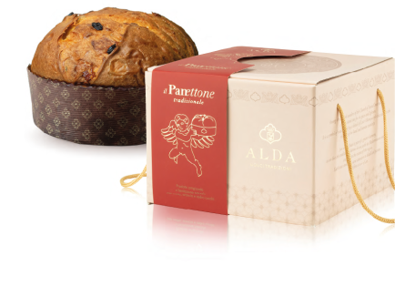 Foto del panettone tradizionale accanto alla scatola che lo contiente